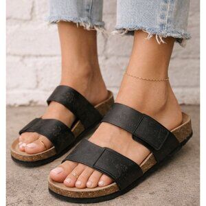 Betula Birkenstock Floral Etched Detail Black Slide Velcro Sandals Size 42